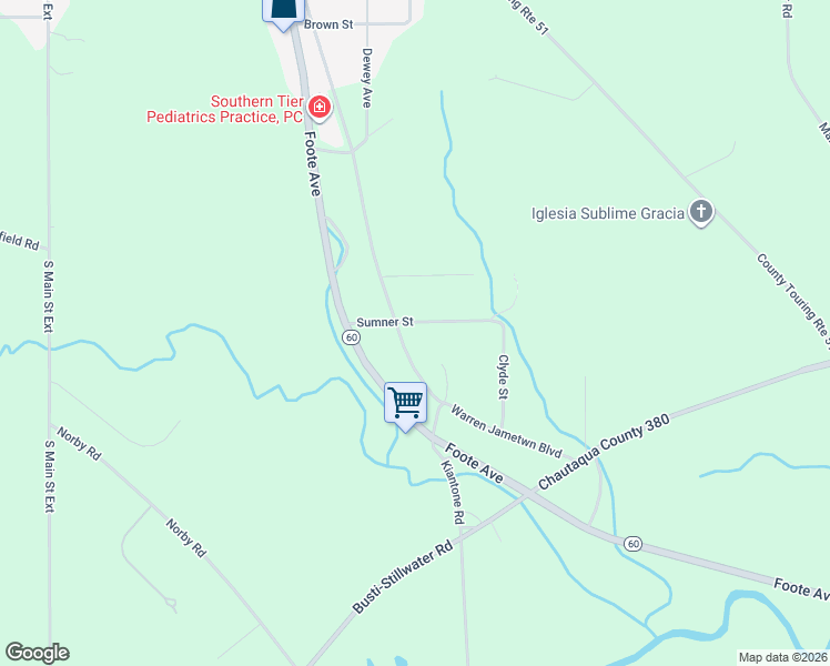 map of restaurants, bars, coffee shops, grocery stores, and more near 2373 Sumner Street in Jamestown