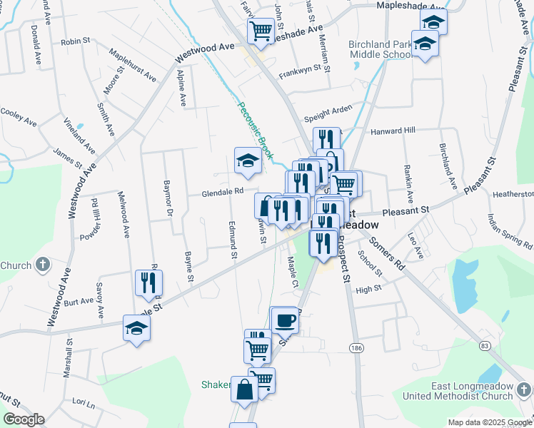 map of restaurants, bars, coffee shops, grocery stores, and more near 21 Baldwin Street in East Longmeadow