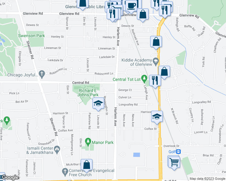 map of restaurants, bars, coffee shops, grocery stores, and more near 1902 George Court in Glenview
