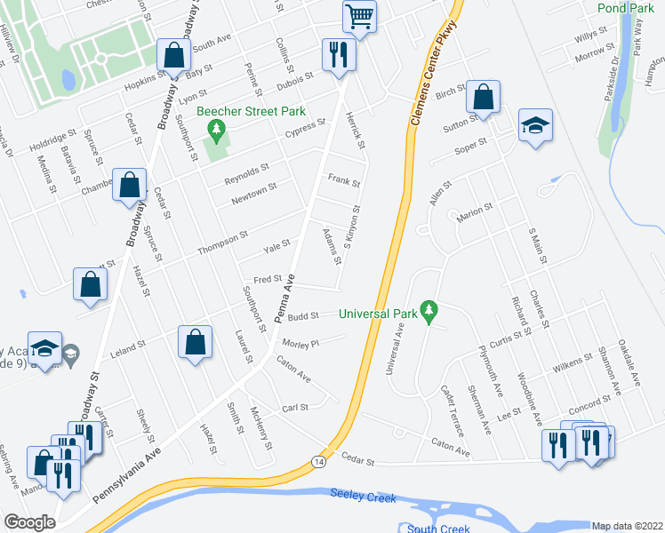 map of restaurants, bars, coffee shops, grocery stores, and more near 820 Adams Street in Elmira