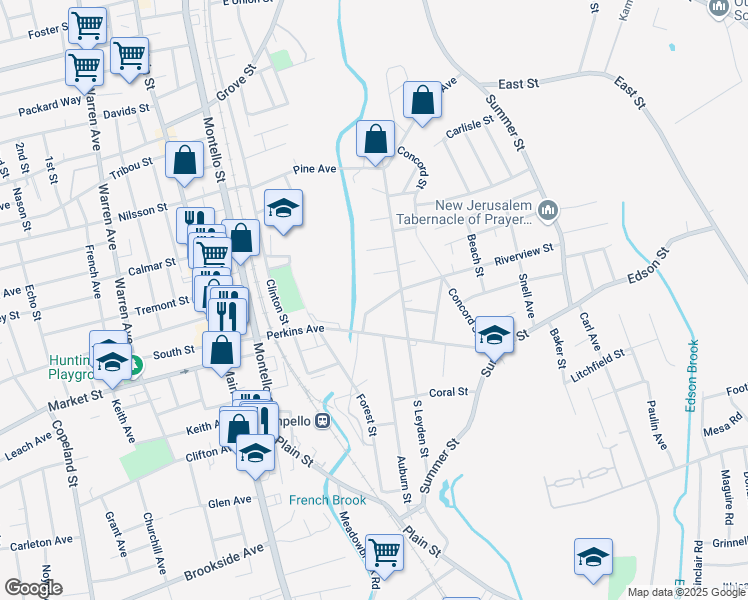 map of restaurants, bars, coffee shops, grocery stores, and more near 29 Riverview Street in Brockton