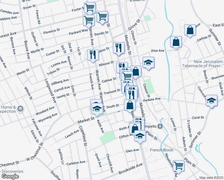 map of restaurants, bars, coffee shops, grocery stores, and more near 34 Tremont Street in Brockton
