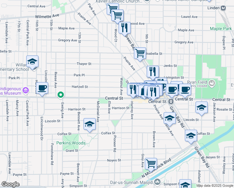 map of restaurants, bars, coffee shops, grocery stores, and more near 2301 Central Street in Evanston