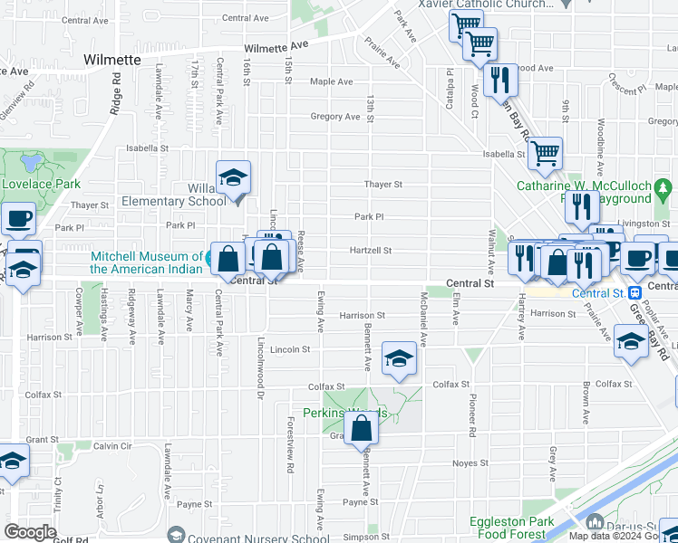 map of restaurants, bars, coffee shops, grocery stores, and more near in Evanston