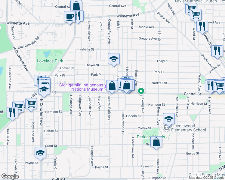 map of restaurants, bars, coffee shops, grocery stores, and more near 2951 Central Street in Evanston