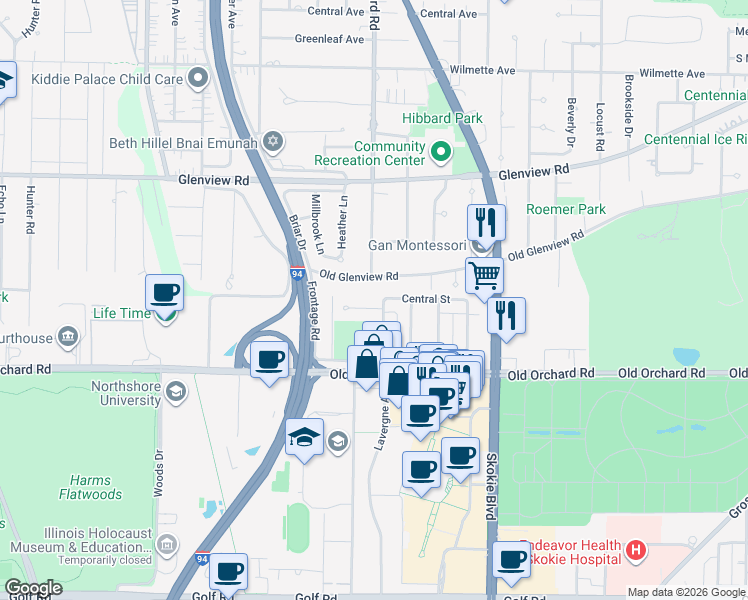 map of restaurants, bars, coffee shops, grocery stores, and more near 10060 Lavergne Avenue in Skokie
