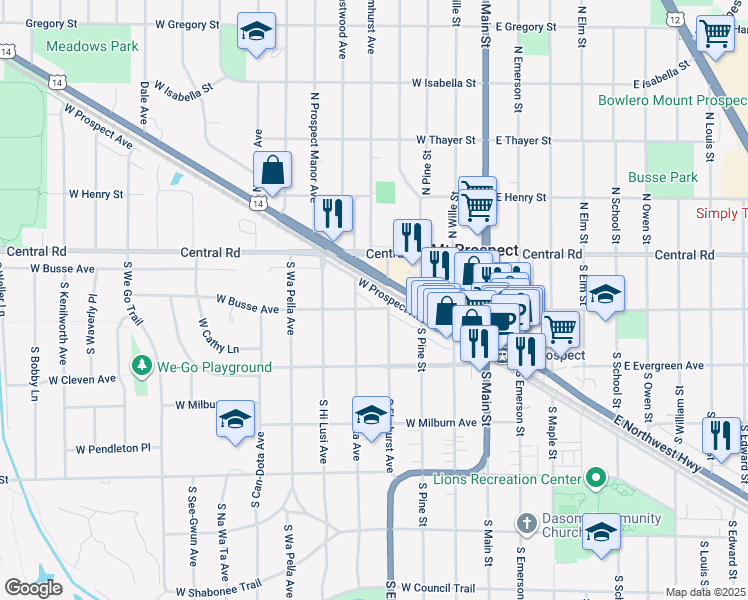 map of restaurants, bars, coffee shops, grocery stores, and more near 101 South I Oka Avenue in Mount Prospect