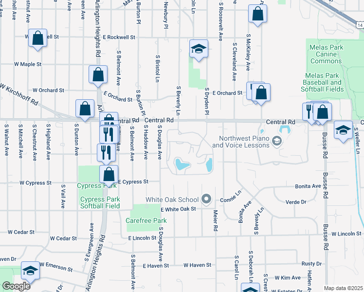 map of restaurants, bars, coffee shops, grocery stores, and more near 811 East Central Road in Arlington Heights