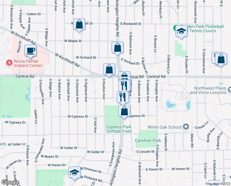 map of restaurants, bars, coffee shops, grocery stores, and more near 1047 South Evergreen Avenue in Arlington Heights
