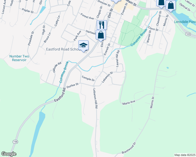map of restaurants, bars, coffee shops, grocery stores, and more near 389 Elm Street in Southbridge