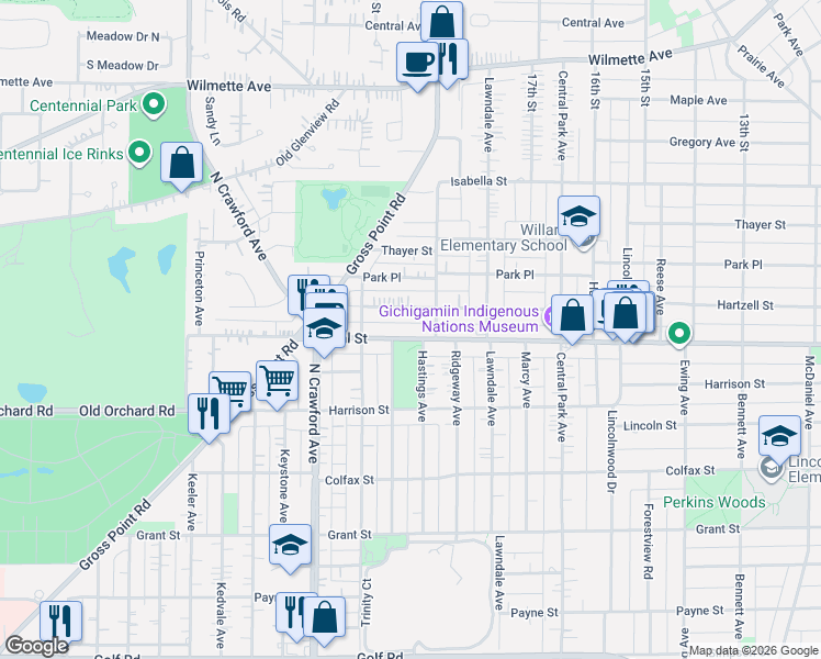 map of restaurants, bars, coffee shops, grocery stores, and more near 3219 Central Street in Evanston