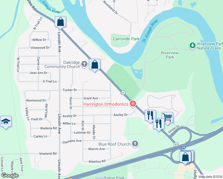 map of restaurants, bars, coffee shops, grocery stores, and more near 2939 Royalton Heights Road in St. Joseph