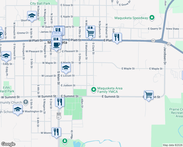 map of restaurants, bars, coffee shops, grocery stores, and more near 500-598 E Locust St in Maquoketa