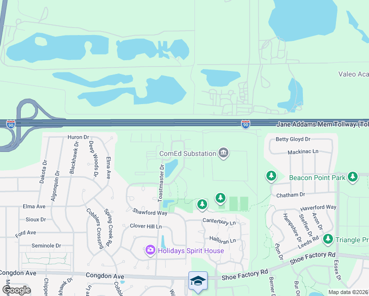 map of restaurants, bars, coffee shops, grocery stores, and more near 1285 Bradley Circle in Elgin