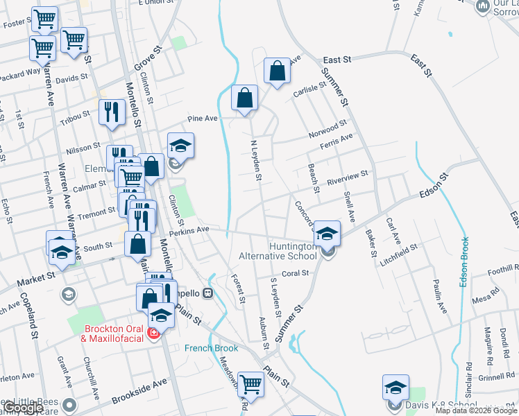map of restaurants, bars, coffee shops, grocery stores, and more near 29 Riverview Street in Brockton