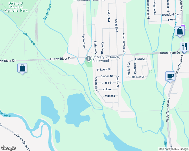 map of restaurants, bars, coffee shops, grocery stores, and more near 19548 Uroda Street in Brownstown Charter Township