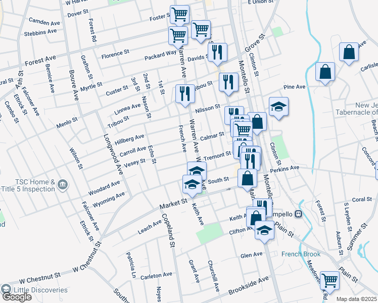map of restaurants, bars, coffee shops, grocery stores, and more near 104 French Avenue in Brockton