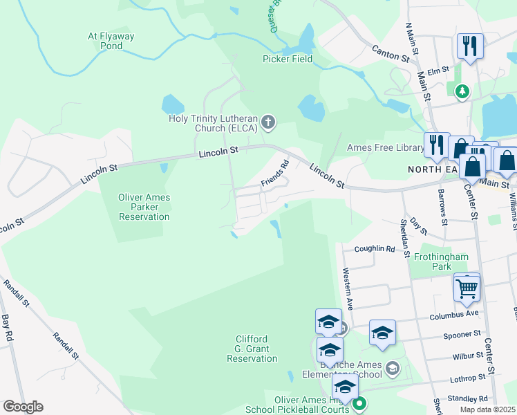map of restaurants, bars, coffee shops, grocery stores, and more near 16 Dela Park Lane in Easton