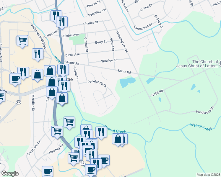 map of restaurants, bars, coffee shops, grocery stores, and more near Penelec Park Drive in Erie