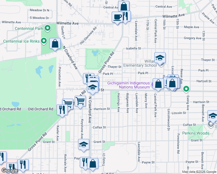 map of restaurants, bars, coffee shops, grocery stores, and more near 2548 Cowper Avenue in Evanston