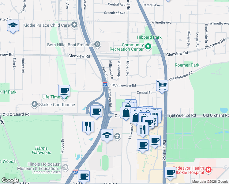 map of restaurants, bars, coffee shops, grocery stores, and more near 10065A Frontage Road in Skokie
