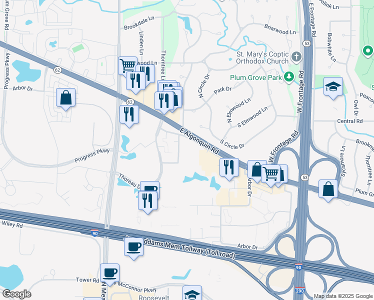 map of restaurants, bars, coffee shops, grocery stores, and more near 1931 Prairie Square in Schaumburg