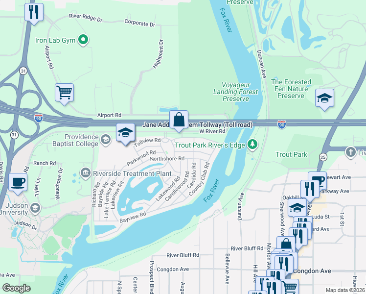 map of restaurants, bars, coffee shops, grocery stores, and more near 120 Parkwood Road in Elgin