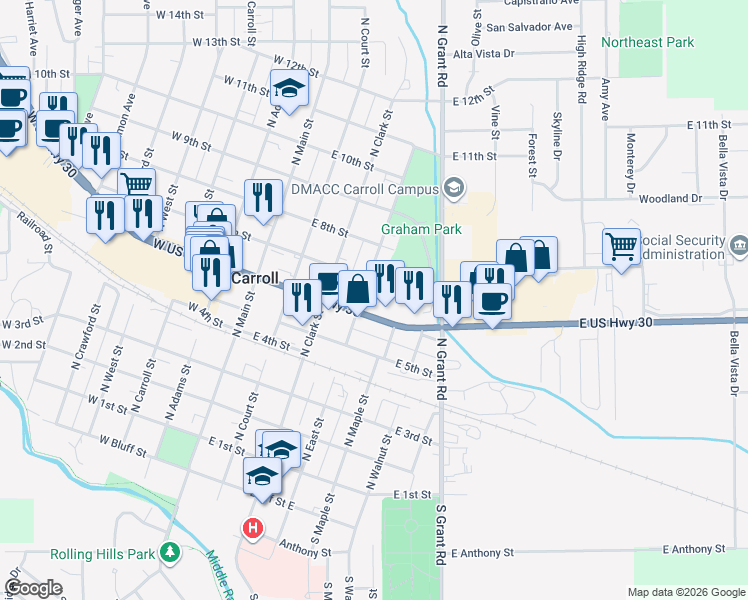 map of restaurants, bars, coffee shops, grocery stores, and more near 427 E 6th St in Carroll