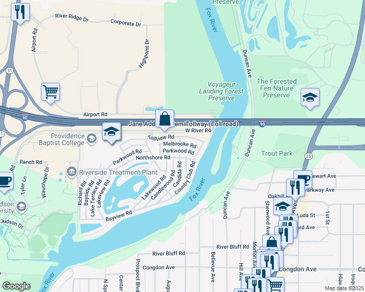 map of restaurants, bars, coffee shops, grocery stores, and more near 91 Melbrooke Road in Elgin