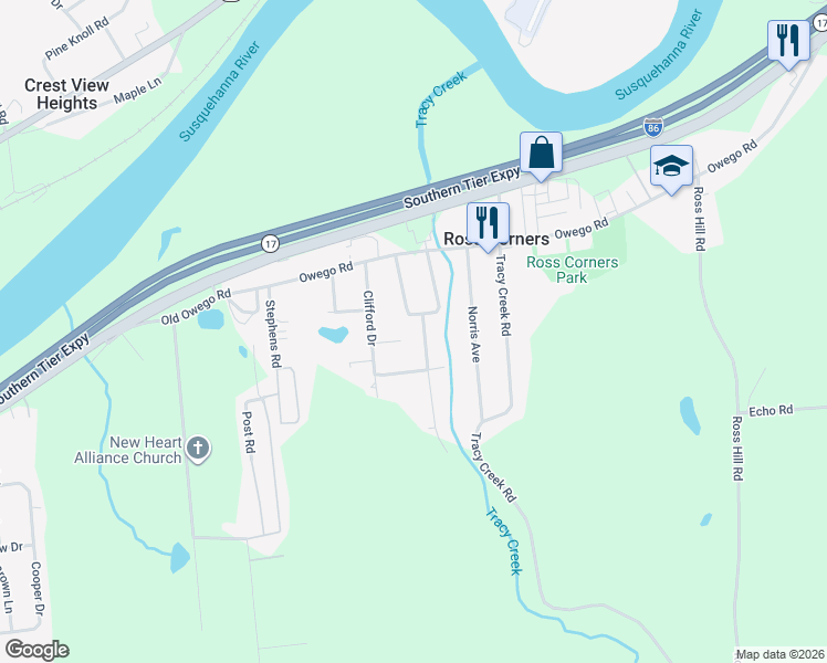 map of restaurants, bars, coffee shops, grocery stores, and more near 2705 Arbor Place in Vestal