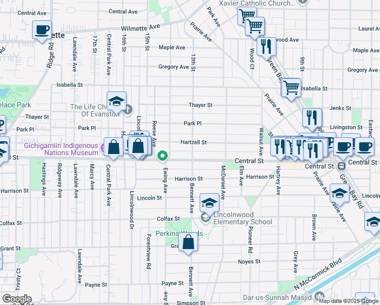 map of restaurants, bars, coffee shops, grocery stores, and more near 2602 Bennett Avenue in Evanston