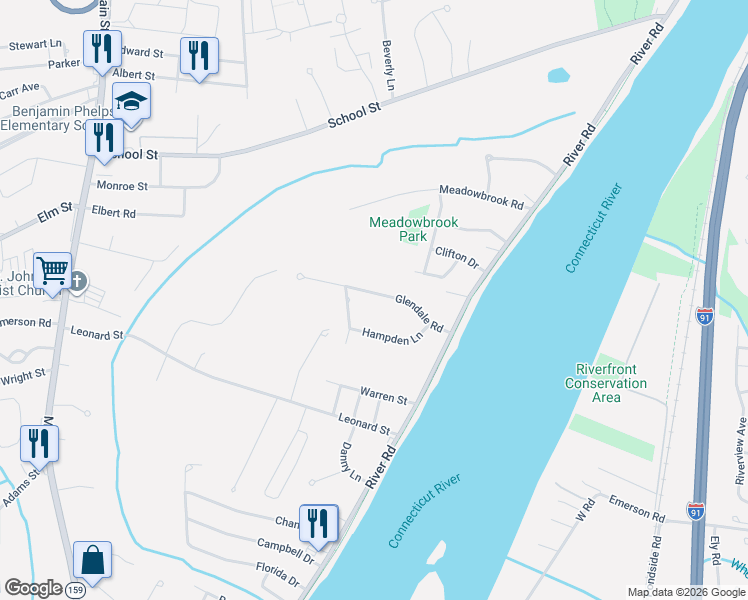 map of restaurants, bars, coffee shops, grocery stores, and more near 67 Glendale Road in Agawam