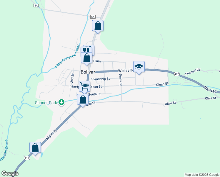 map of restaurants, bars, coffee shops, grocery stores, and more near 105 South Street in Bolivar