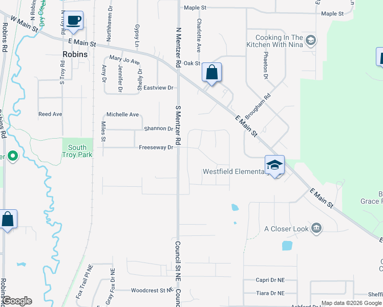 map of restaurants, bars, coffee shops, grocery stores, and more near 653 South Mentzer Road in Robins