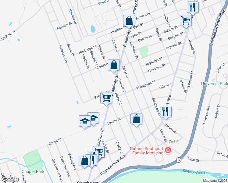 map of restaurants, bars, coffee shops, grocery stores, and more near 835 Broadway Street in Elmira