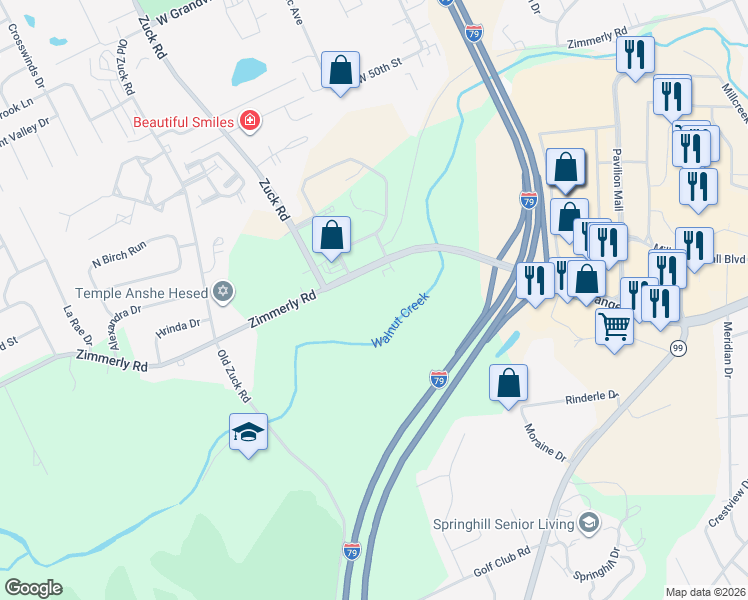 map of restaurants, bars, coffee shops, grocery stores, and more near 2451 Zimmerly Road in Erie