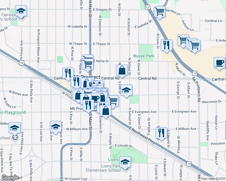 map of restaurants, bars, coffee shops, grocery stores, and more near 22 South Elm Street in Mount Prospect