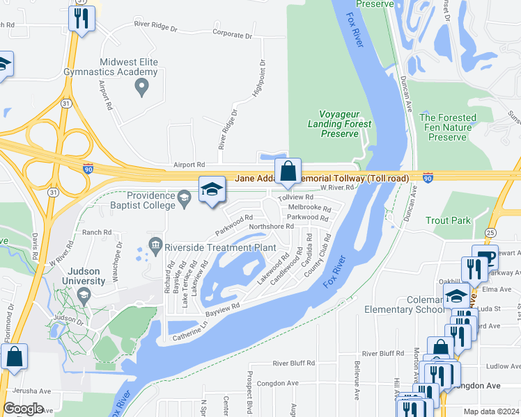 map of restaurants, bars, coffee shops, grocery stores, and more near 180 Melbrooke Road in Elgin