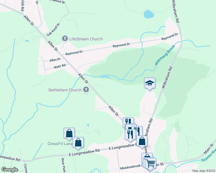 map of restaurants, bars, coffee shops, grocery stores, and more near 120 Allen Street in Hampden