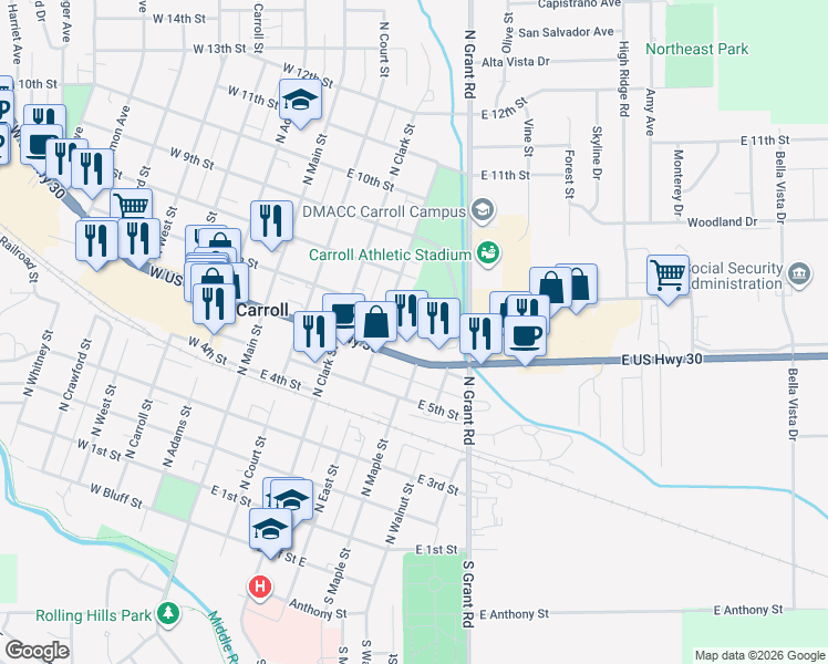 map of restaurants, bars, coffee shops, grocery stores, and more near 427 E 6th St in Carroll