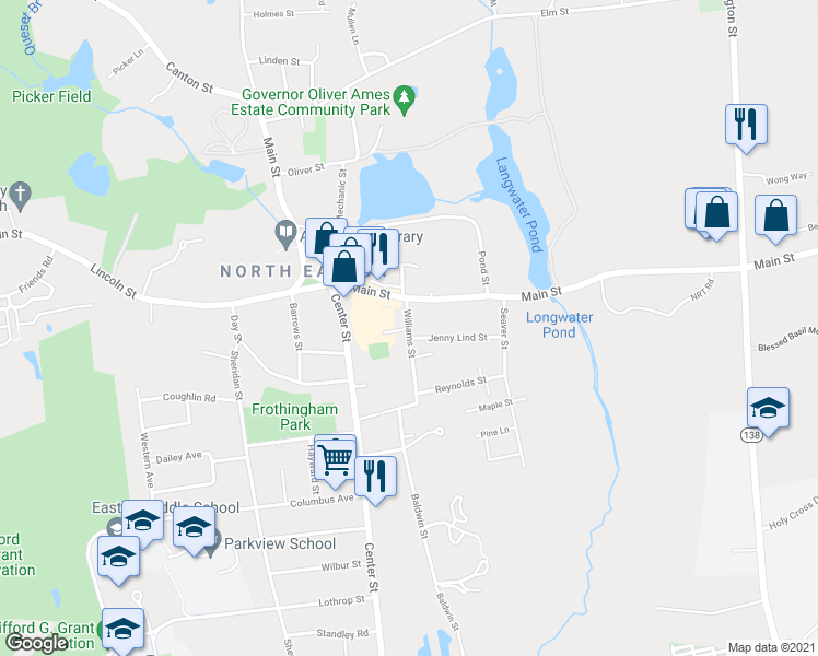 map of restaurants, bars, coffee shops, grocery stores, and more near Williams St & Howland Ct in Easton