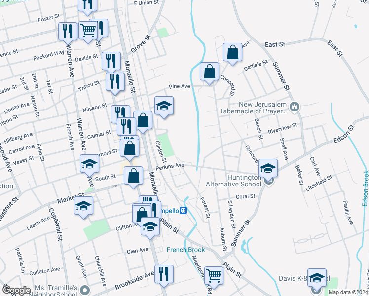 map of restaurants, bars, coffee shops, grocery stores, and more near 100 Perkins Avenue in Brockton