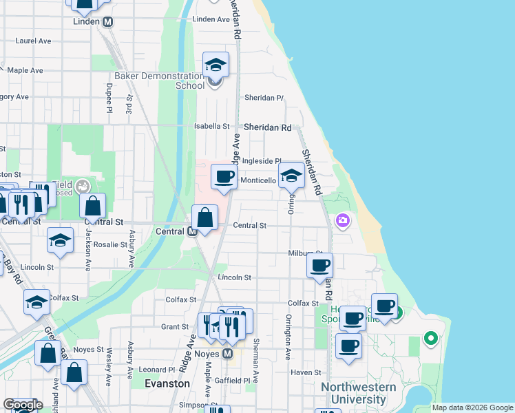 map of restaurants, bars, coffee shops, grocery stores, and more near 725 Central Street in Evanston