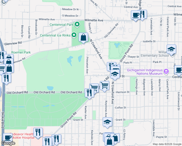 map of restaurants, bars, coffee shops, grocery stores, and more near 2553 Greeley Avenue in Evanston