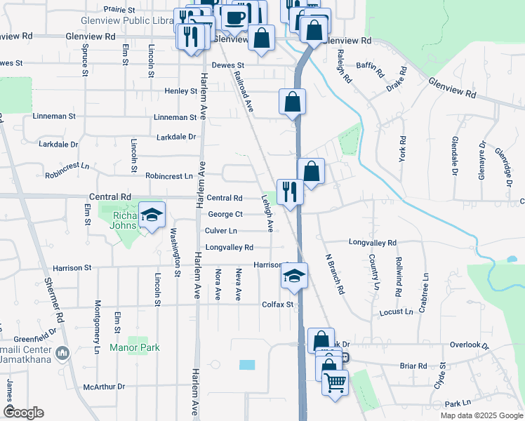 map of restaurants, bars, coffee shops, grocery stores, and more near 1765 George Court in Glenview