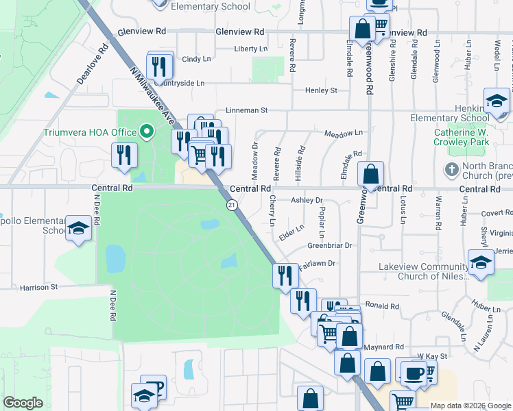 map of restaurants, bars, coffee shops, grocery stores, and more near 514 Cherry Lane in Glenview