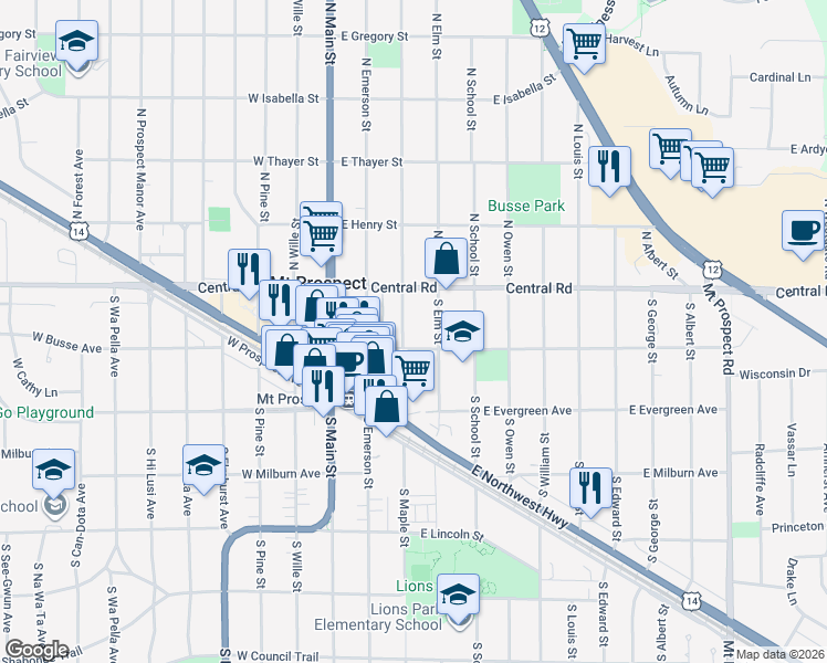 map of restaurants, bars, coffee shops, grocery stores, and more near 22 South Elm Street in Mount Prospect