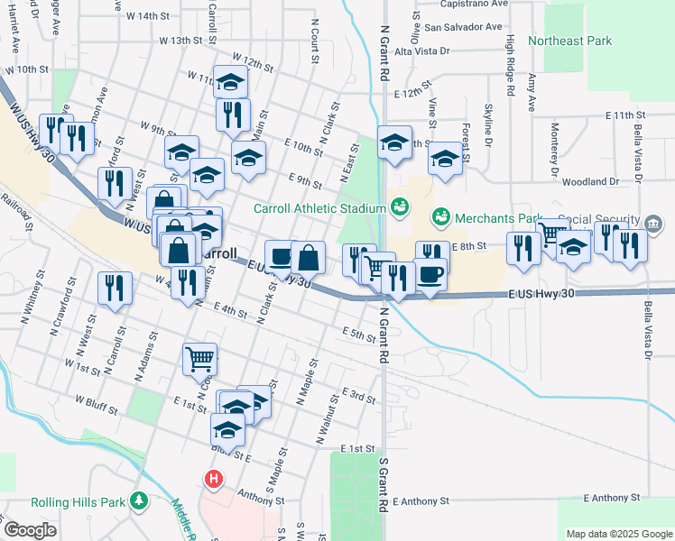 map of restaurants, bars, coffee shops, grocery stores, and more near 427 E 6th St in Carroll
