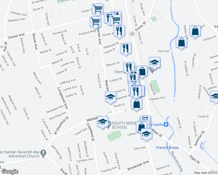 map of restaurants, bars, coffee shops, grocery stores, and more near 1022 Warren Avenue in Brockton