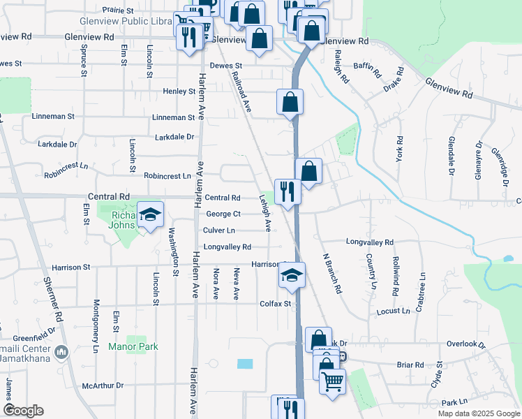 map of restaurants, bars, coffee shops, grocery stores, and more near 1765 George Court in Glenview